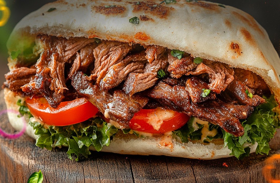 Beef shawarma piled into warm pita with tomato and greens at Mashawee Guy Palos Park