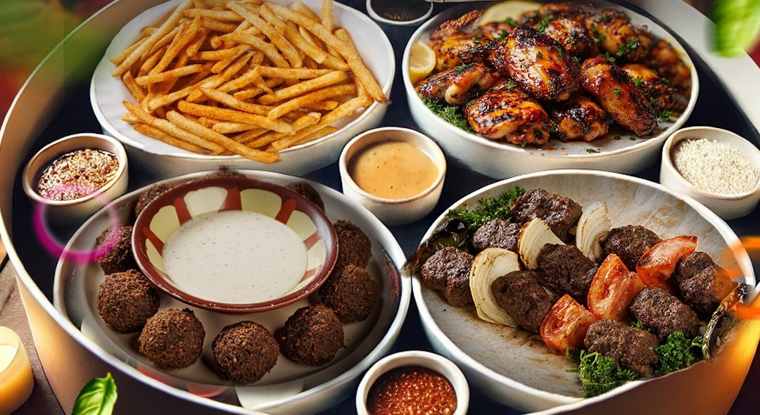 Spread of Middle Eastern dishes: falafel, hummus, fries, grilled meats and dips